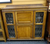 VINTAGE OAK SEMI-GLAZED BUREAU BOOKCASE with carved and bead decoration and rail back (no keys),