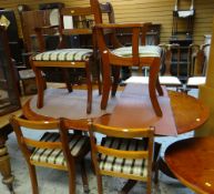 REPRODUCTION YEW WOOD TWIN PEDESTAL OVAL DINING TABLE together with six (2+4) matching chairs wit