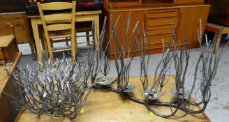 CONTEMPORARY STUDIO METALWORK FOUR BRANCH CANDELABRA and pair of fruit bowls by same artist, all