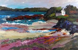 SION McINTYRE acrylic - coastal scene with cottage, entitled verso 'Cottage and Barn For Sale,