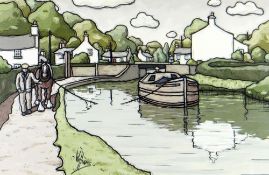 ALAN WILLIAMS acrylic on board - entitled 'Gabalfa Lock', signed, 53 x 34.5cms