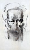 WILL ROBERTS charcoal - self portrait with distortion, signed and dated '89, 39 x 24cms