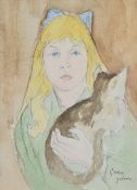 ATTRIBUTED TO GWEN JOHN watercolour and pencil - portrait of a girl holding cat, signed, 15 x 11cms