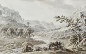 AMOS GREEN (1735-1807) sepia watercolour - entitled verso 'Llanrwst Vale on the Road to