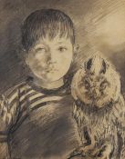 ANDREW VICARI pencil drawing - portrait of a boy with owl, signed, 33 x 26cms