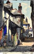 WILL EVANS mixed media - old Cornish street scene with figures, entitled 'St. Ives', signed, dated