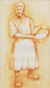 ANEURIN JONES red pen and ink - full portrait of a lady in apron with wash bowl, signed verso, 24