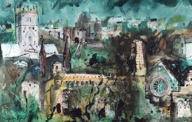 JOHN PIPER ink, watercolour and gouache on paper - St. David's Cathedral and surrounding