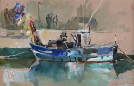JANE CORSELLIS watercolour - boat tied up on quayside with figures and entitled verso 'Blue