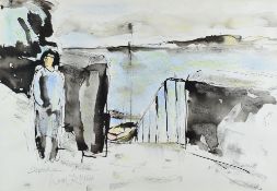 WILL ROBERTS watercolour - female standing at top of steps overlooking harbour, entitled 'Topsham,