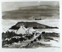 SIR KYFFIN WILLIAMS RA artist's proof (11/15) inkwash print - sea and land with two cottages, rocky
