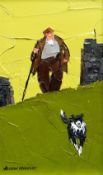 AUSTIN MOSELEY oil on board - farmer walking with sheep dog, entitled verso on Llewellyn Alexander