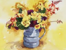 DAVID GROSVENOR watercolour - still life of flowers in a jug, entitled verso 'Nasturtiums', signed