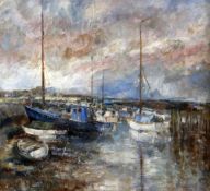 LEONARD BEARD oil on panel - entitled verso on Martin Tinney Gallery label 'Boats, Cardiff Bay',
