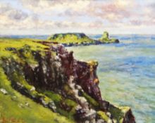DAVID GRIFFITHS MBE oil on canvas - coastal scene, entitled 'Worms Head, Gower', signed, 38 x 48cms