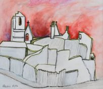 ELIZABETH HOPKIN watercolour - entitled 'Blitz on Swansea', signed, 22.5 x 25.5cms