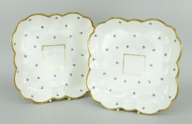 PAIR OF SWANSEA PORCELAIN CORNFLOWER PATTERN SQUARE DISHES of fluted form with gilt rims, 23 x