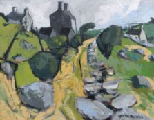 GWILYM PRICHARD oil on canvas - landscape with lane and buildings, entitled verso 'Road to the