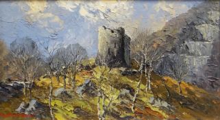 CHARLES WYATT WARREN oil on board - entitled 'Dolbadarn Castle', signed, 19 x 33cms