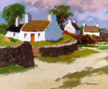 DONALD McINTYRE acrylic - Anglesey coastal cottages, entitled 'Red Wharf Bay', signed, 50 x 60cms