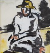 JOSEF HERMAN mixed media - seated peasant in hat, entitled verso 'Alone', 10.15 x 10cms