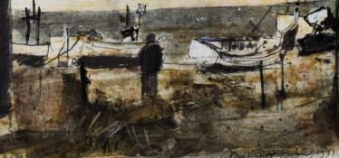 JOHN KNAPP-FISHER watercolour and mixed media - figure and boats, signed and dated 1991 and with