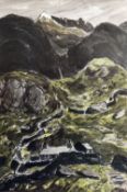 SIR KYFFIN WILLIAMS RA inkwash print - rugged Snowdonia scene with small holding at the base of