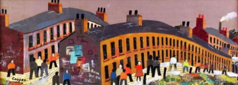WILLIAM COOPER mixed media and collage - figures and terraced houses, entitled verso 'South Wales