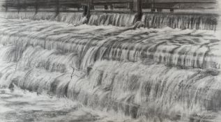 NAN YOUNGMAN charcoal - waterfall scene, signed and dated 1961, 45 x 78cms Auctioneer's Note: see