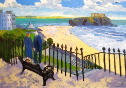 GWILYM PRICHARD oil on canvas - two figures walking above Tenby beach, entitled verso 'Beth Rwan? (