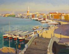 HOWARD ROBERTS oil on board - view of Venice with Canal Bridge, waiting vaporetto and San Marco