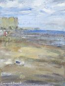 LEONARD BEARD oil on card - beach scene with three figures in red, white and yellow, entitled 'The
