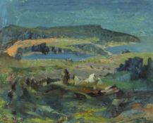 RAY HOWARD JONES oil on paper - coastal scene, entitled verso 'Seascape, Skomer', unsigned, 22 x