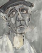 MIKE JONES oil on canvas - caricature of a farmer, entitled verso 'Ffermwr', signed, 50 x 39.5cms