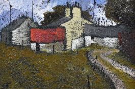 STEPHEN JOHN OWEN oil on board - whitewashed farm buildings along a lane, signed with intials, 16