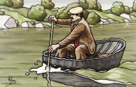 ALAN WILLIAMS acrylic on board - entitled 'Coracle Paddler', signed, 43 x 34cms