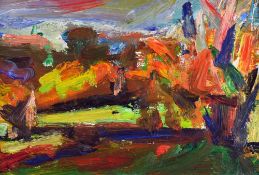 PETER PRENDERGAST oil on board - entitled verso on original Agnew's label 'View From Talybont' and