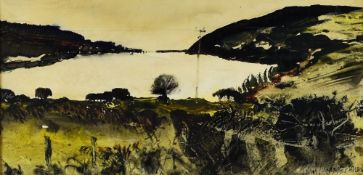 JOHN KNAPP-FISHER watercolour - landscape with body of water, entitled verso 'Rose Bush
