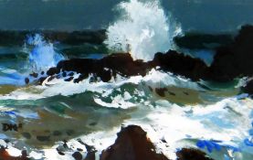 DONALD McINTYRE oil on panel - rocky coastal scene with rough seas, signed with initials and with