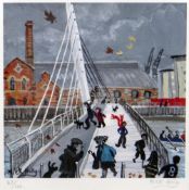 NICK HOLLY limited edition (62/100) colour print - Swansea with figures on a blustery day, signed,