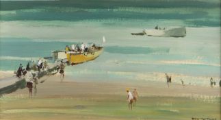 DONALD McINTYRE acrylic on board - figures and boats, entitled verso 'Pleasure Boats', signed, 29