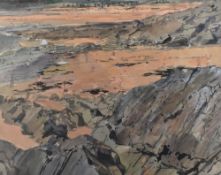 ROY ABELL watercolour - rocky coastal scene entitled 'Rocks and Beach Near Nefyn', signed, 38 x