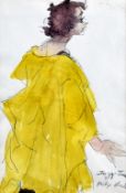 PHILIP MUIRDEN watercolour and pencil - single female figure wearing long yellow robe, entitled '
