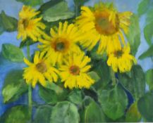 ELIZABETH THOMAS oil on paper - entitled 'Sunflowers', framed and glazed, 38 x 47cms