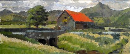 HOWARD ROBERTS oil on board - depicting barn on lake, 29 x 69.5cms