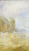 LEONARD BEARD mixed media on board - figures on a beach, entitled verso 'The Beach at Llantwit