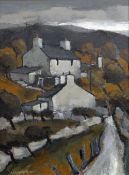 WILF ROBERTS oil on canvas - cottages in a lane, entitled verso on Attic Gallery label 'Fron-Deg',