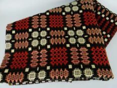 TRADITIONAL WELSH WOOLLEN BLANKET in red, black, white, green and pink geometric repeats, 168 x
