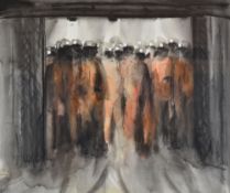 VALERIE GANZ watercolour - entitled verso 'Miners in the Bond, Cynheidre', signed, 38 x 45.5cms