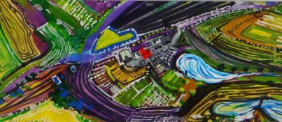 JOHN F COOPER acrylic on canvas board - abstract landscape entitled label verso 'Fferm Coch (Red